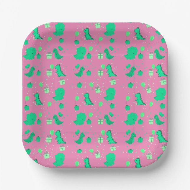 Happy Dinomight Birthday grün pink Pappteller (Vorderseite)