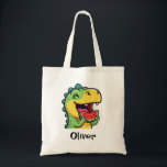 Happy Dinosaur Eating Watermelon Tragetasche<br><div class="desc">This adorable personalized kids' tote bag features a joyful green dinosaur taking a big bite out of a juicy watermelon slice,  capturing the perfect spirit of a sunny afternoon.</div>
