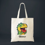 Happy Dinosaur Eating Watermelon Tragetasche<br><div class="desc">This adorable personalized kids' tote bag features a joyful green dinosaur taking a big bite out of a juicy watermelon slice,  capturing the perfect spirit of a sunny afternoon.</div>