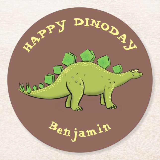 Happy Dinosaurier Stegosaurus Cartoon Runder Pappuntersetzer (Vorderseite)