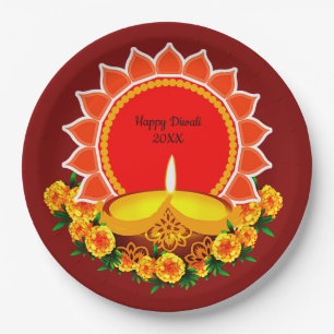 Happy Diwali 20xx Add Year oder Text Marigolds 9" Pappteller