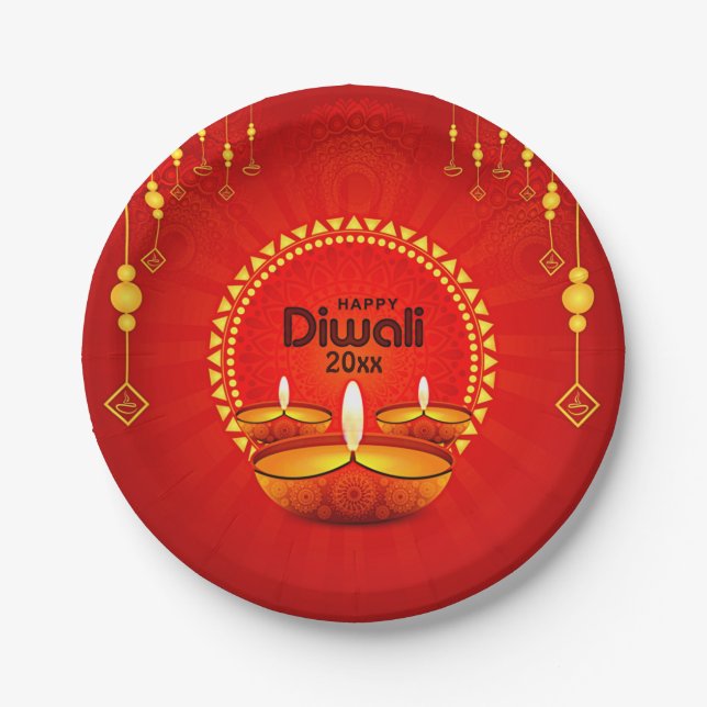 Happy Diwali 20xx Add Year oder Text Red Yellow 7" Pappteller (Vorderseite)