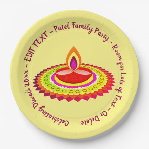 Happy Diwali 20xx Add Year Text Gelb Lila 9" Pappteller