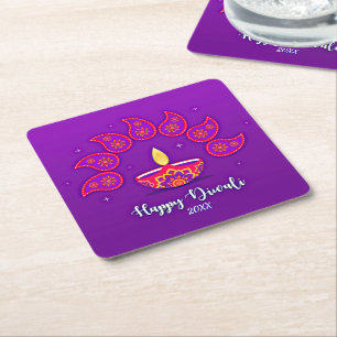 Happy Diwali Add Year 20xx Lila Gelbe Rote Squa Rechteckiger Pappuntersetzer