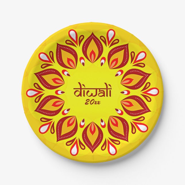 Happy Diwali Add Year Yellow Red 7" Pappteller (Vorderseite)