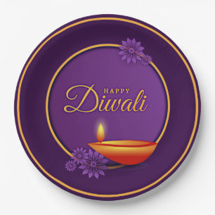 Happy Diwali Diya Candle Lila Gold 9" Pappteller