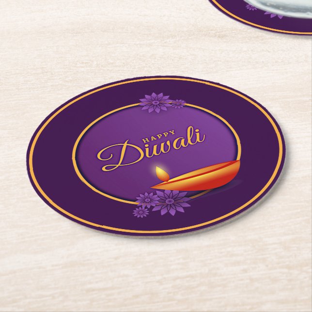 Happy Diwali Diya Candle Lila Gold Runder Pappuntersetzer (Angewinkelt)