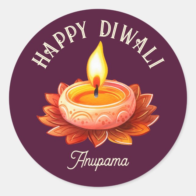 Happy Diwali Elegant Diya Lamp individuell anpassb Runder Aufkleber (Vorderseite)