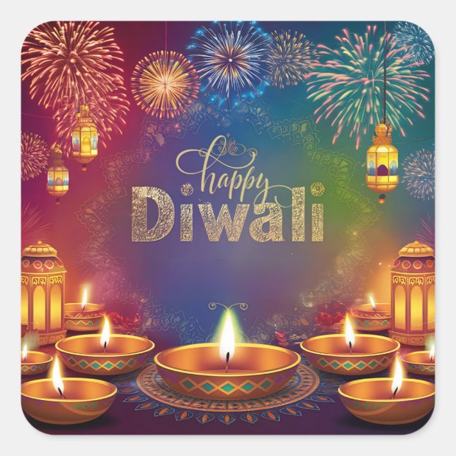 Happy Diwali Firework Diya Festival of Light Quadratischer Aufkleber (Vorderseite)