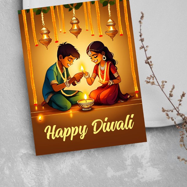 Happy Diwali Grußkarte Postkarte (Happy Diwali greetings postcard Indian boy and Indian girl lighting diya lamps religious greetings )