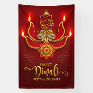 Happy Diwali mit Ganesh, Rangoli und Diya Banner