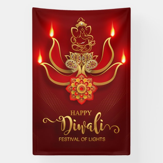 Happy Diwali mit Ganesh, Rangoli und Diya Banner (Vertikal)
