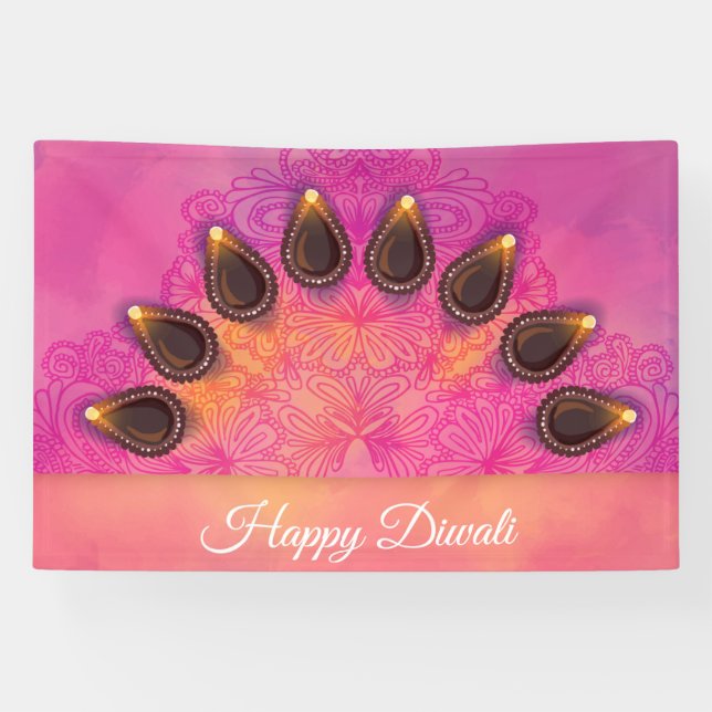 Happy Diwali mit Rangoli und Diya Banner (Horizontal)