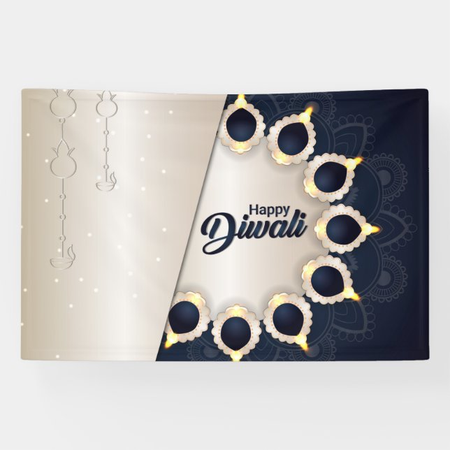 Happy Diwali mit Rangoli und Diya Banner (Horizontal)