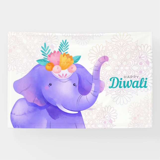 Happy Diwali mit Rangoli und Elephant Banner (Horizontal)