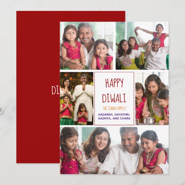 Happy Diwali Modern Foto Collage Red Holiday Card (Vorne/Hinten)