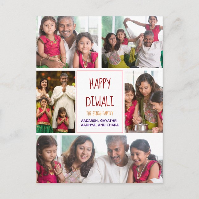 Happy Diwali Modern Foto Collage Roter Urlaub Postkarte (Vorderseite)