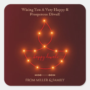 Happy Diwali Oil Lamp von glühenden String Lights Quadratischer Aufkleber