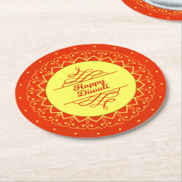 Happy Diwali Orange Cream Mandala Modern Runder Pappuntersetzer