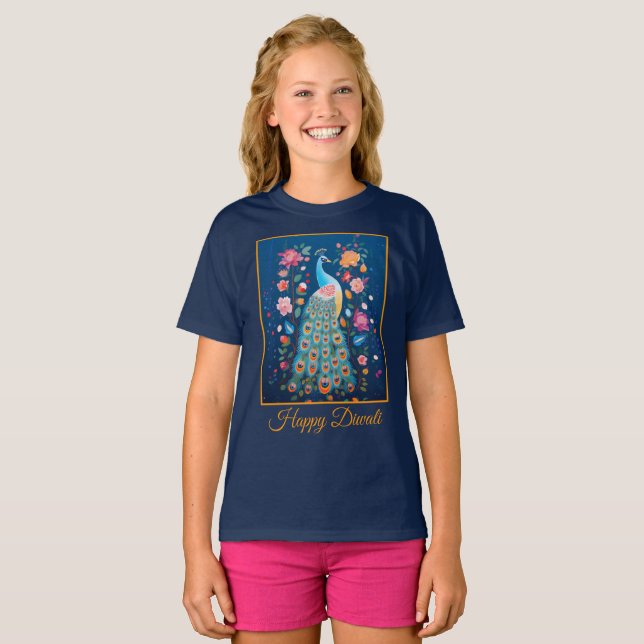 Happy Diwali Peacock & Blume T-Shirt (Vorne ganz)