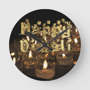 Happy Diwali Quote Black Gold Typography Candles Runde Wanduhr