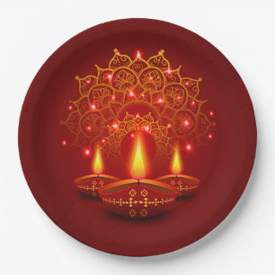 Happy Diwali Red Gold Sparkle Mandala Diya Candles Pappteller