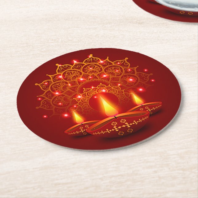 Happy Diwali Red Gold Sparkle Mandala Diya Candles Runder Pappuntersetzer (Angewinkelt)