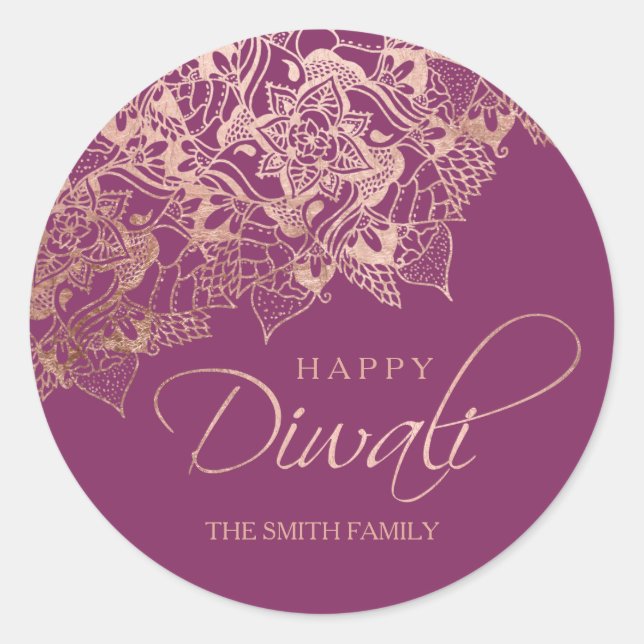 Happy Diwali typografie Rose gold mandala lila Runder Aufkleber (Vorderseite)