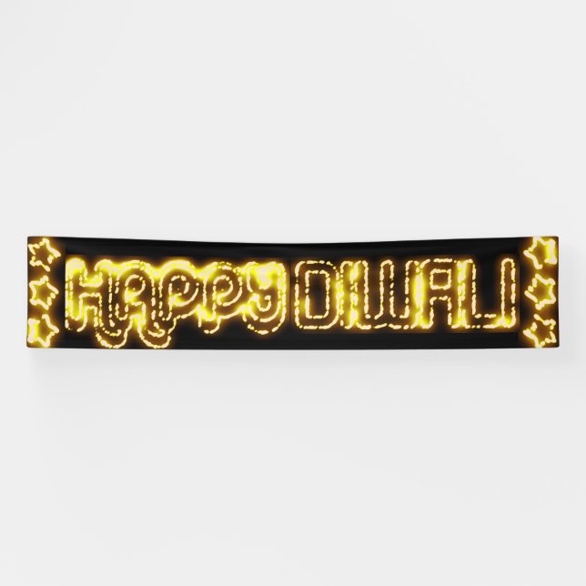 Happy Diwali Yellow Golden Lights Typografy Stars Banner (Horizontal)