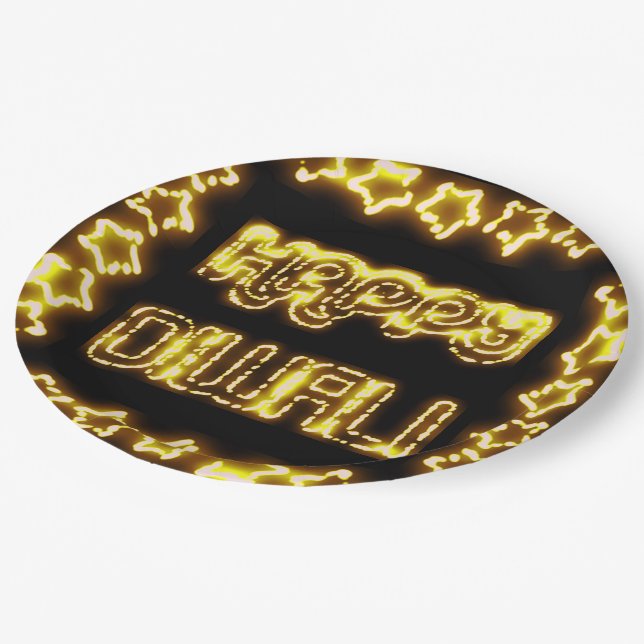 Happy Diwali Yellow Golden Lights Typografy Stars Pappteller (Schrägansicht)