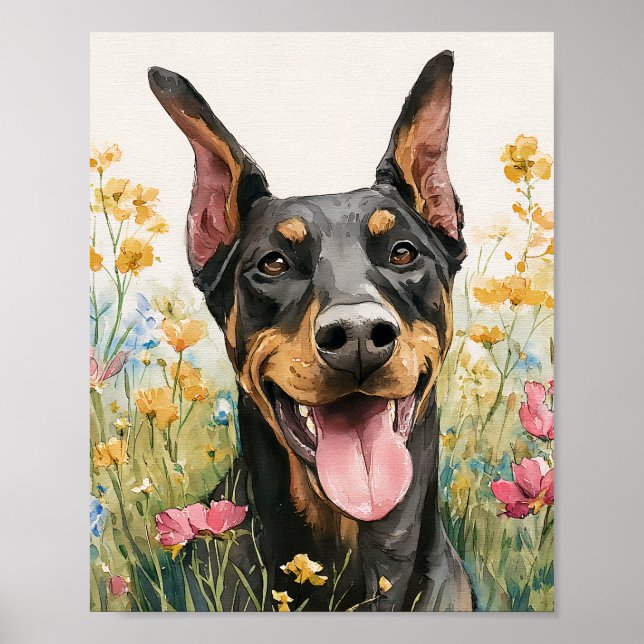 Happy Doberman in Wildblumen - Wasserfarbener Hund Poster (Vorne)