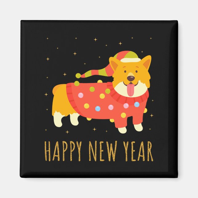 Happy Dog Corgi Celebrating New Year Cozy Christma Magnet (Vorne)