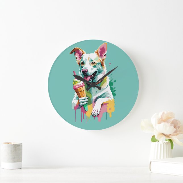 Happy Dog eating an ice-cream Große Wanduhr (Zuhause)