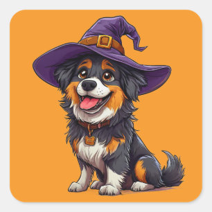 Happy Dog mit einem Hexenhut tragen Quadratischer Aufkleber