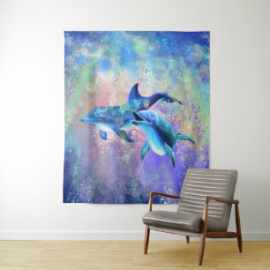 Happy Dolphin Couple Tapestry - Familie Wandteppich