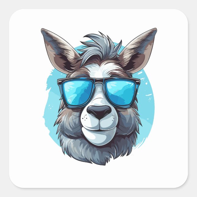 Happy Donkey mit Sonnenbrille auf blauem Hintergru Quadratischer Aufkleber (Vorderseite)
