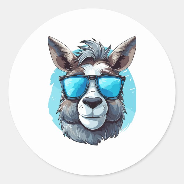 Happy Donkey mit Sonnenbrille auf blauem Hintergru Runder Aufkleber (Vorderseite)