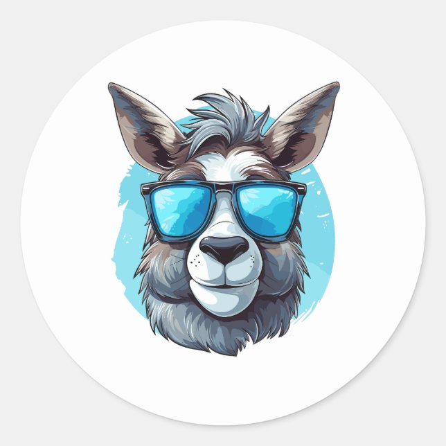 Happy Donkey mit Sonnenbrille auf blauem Hintergru Runder Aufkleber (Vorderseite)