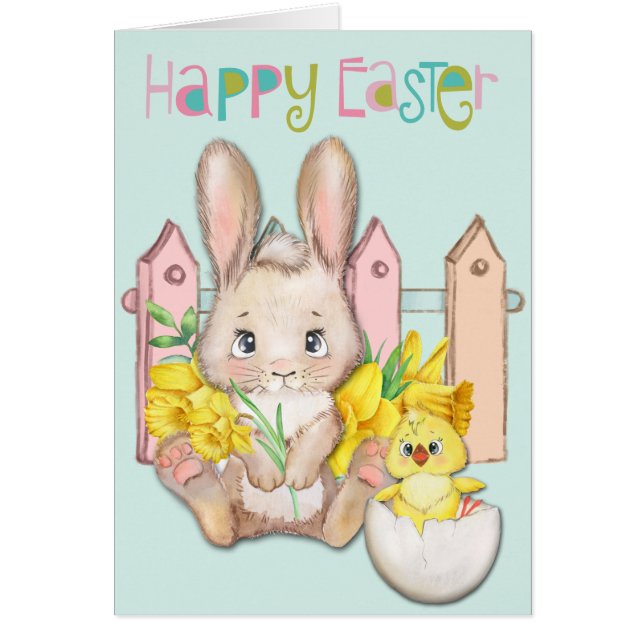 Happy Easter Baby Bunny and Chick with Daffodis (Vorne)