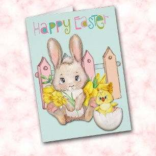 Happy Easter Baby Bunny and Chick with Daffodis