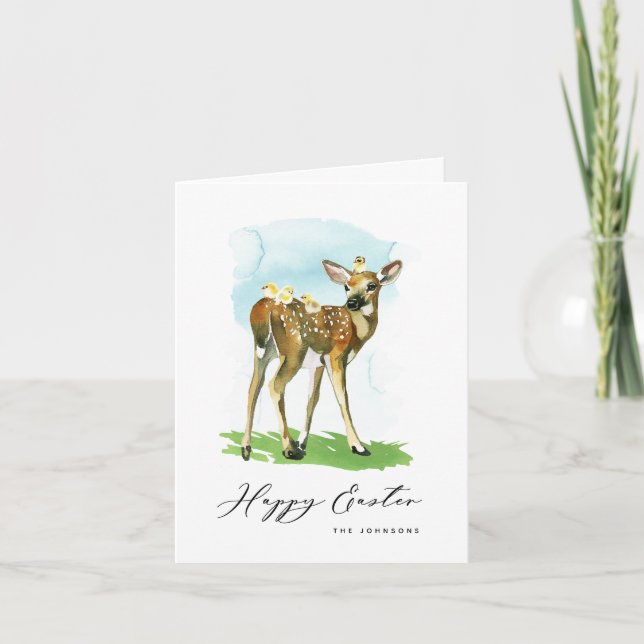 Happy Easter Baby Deer and Chicks Karte (Vorderseite)