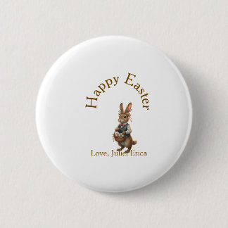 Happy Easter brown bunny with eggs love add name  Button
