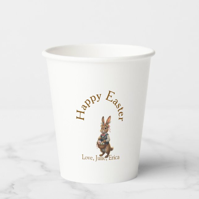 Happy Easter brown bunny with eggs love add name  Pappbecher (Vorderseite)