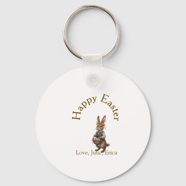 Happy Easter brown bunny with eggs love add name  Schlüsselanhänger (Vorderseite)