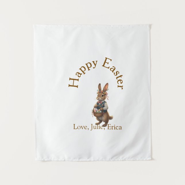 Happy Easter brown bunny with eggs love add name  Wandteppich (Vorderseite)