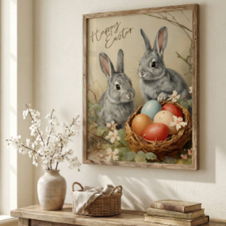  Happy easter bunnies with easter eggs in basket  Poster