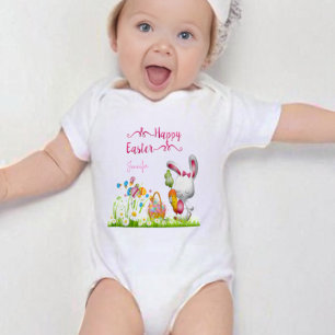 Happy Easter Bunny and Eggs Baby Girl Personalized Strampler