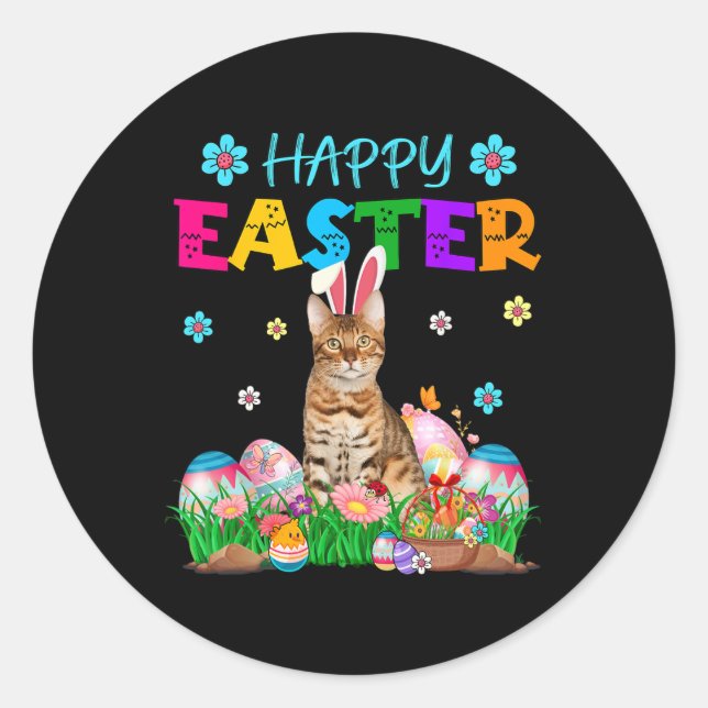 Happy Easter Bunny Bengalisch Cat Junting Eggs Col Runder Aufkleber (Vorderseite)