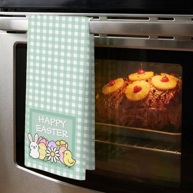 Happy Easter Bunny, Chick, Eggs Green Gingham  Geschirrtuch (Von Creator hochgeladen)