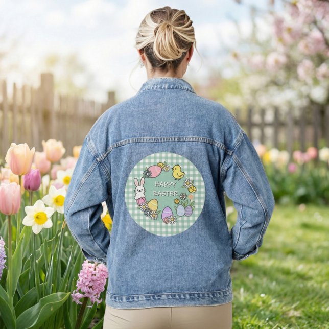 Happy Easter Bunny Chick Eggs Green Gingham Jeansjacke (Von Creator hochgeladen)